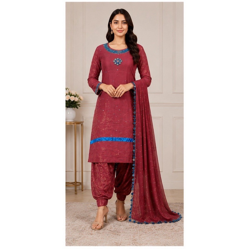 Women's 3 Piece Pakistani Indian Kurta Pants Dupatta Maroon Blue Embellished A9